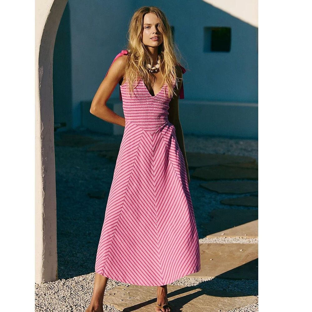 Free People Free-Est Cecelia Midi Dress Striped Printed Smocked Cotton L 286334